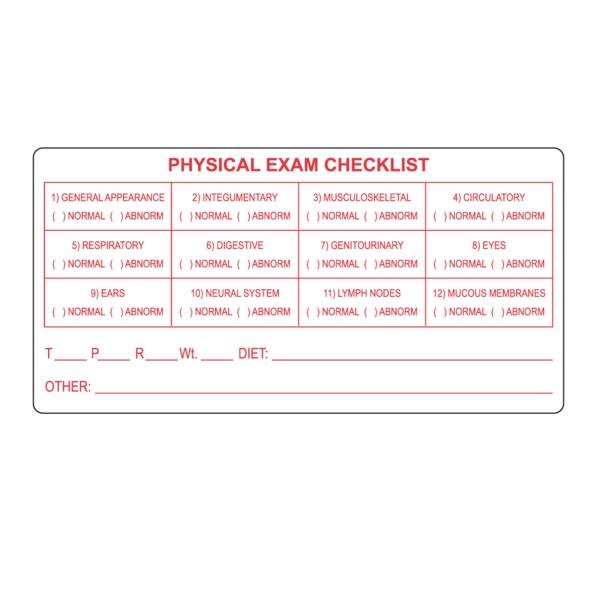 Veterinary Physical Exam Checklist 2" x 3" White w/Red